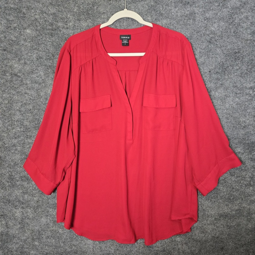 Torrid Top Womens 3X Red Crepe Tunic Long Sleeve Roll Tab Flowy Everyday